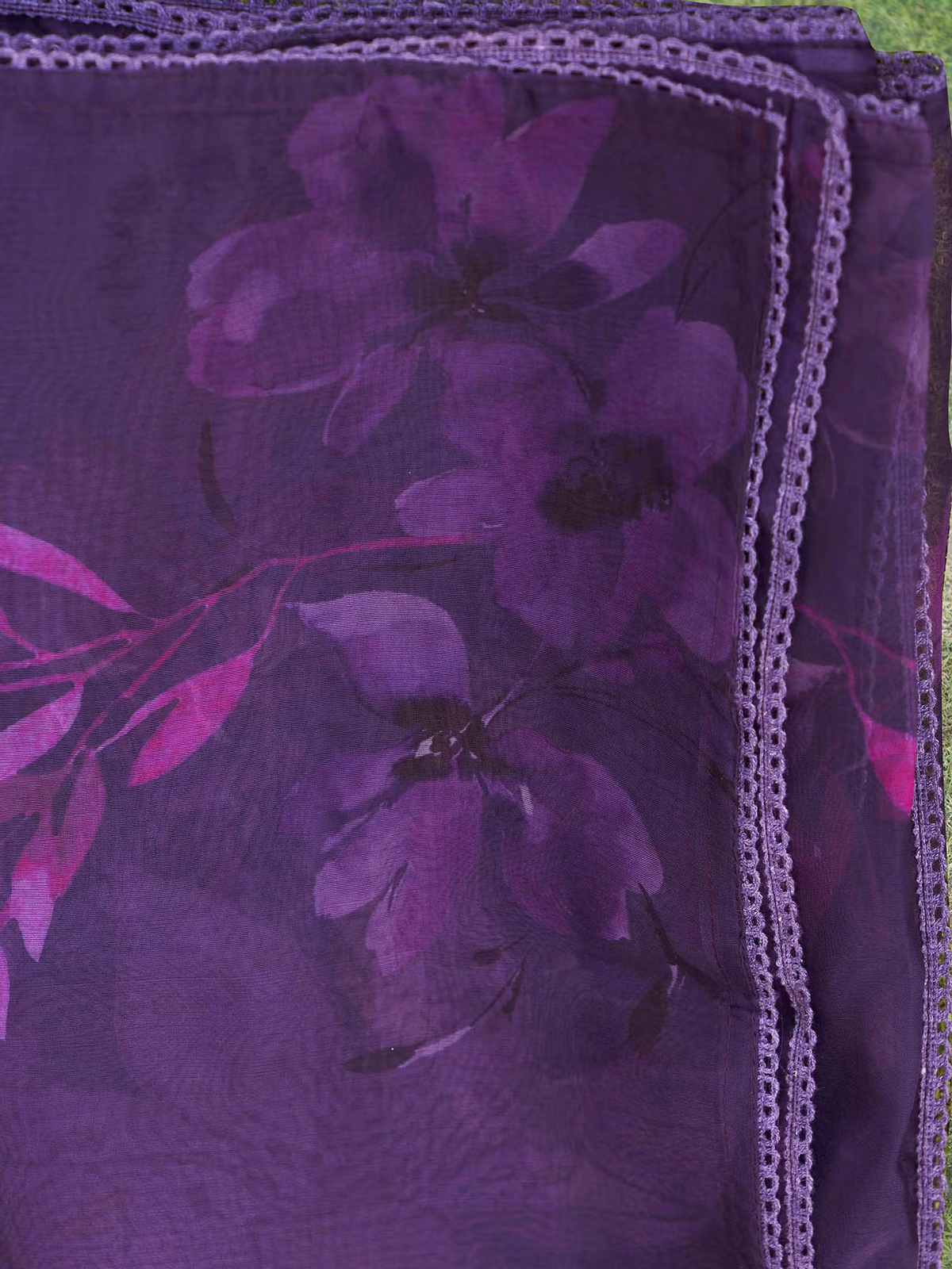 Three piece Kurtha set in rich purple with floral applique details, perfect for affordable applique co-ord sets Canada.