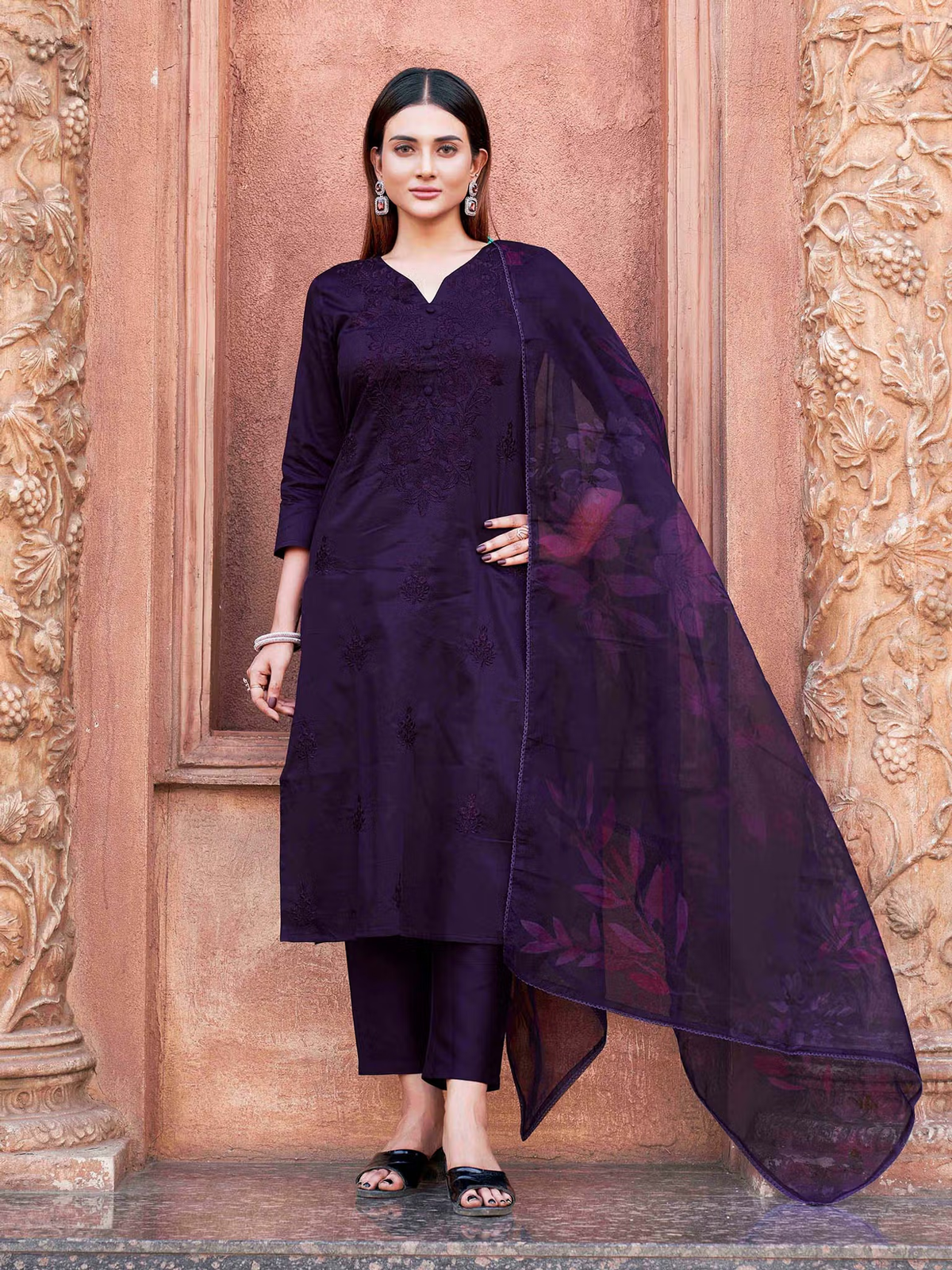 Aromie Three Piece Kurtha Set in Purple with Applique Design, perfect for affordable applique co-ord sets Canada