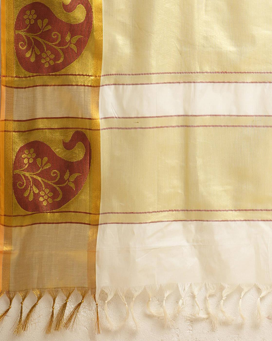 Aromie affordable embellished saree in cream with gold and maroon paisley border and tassels