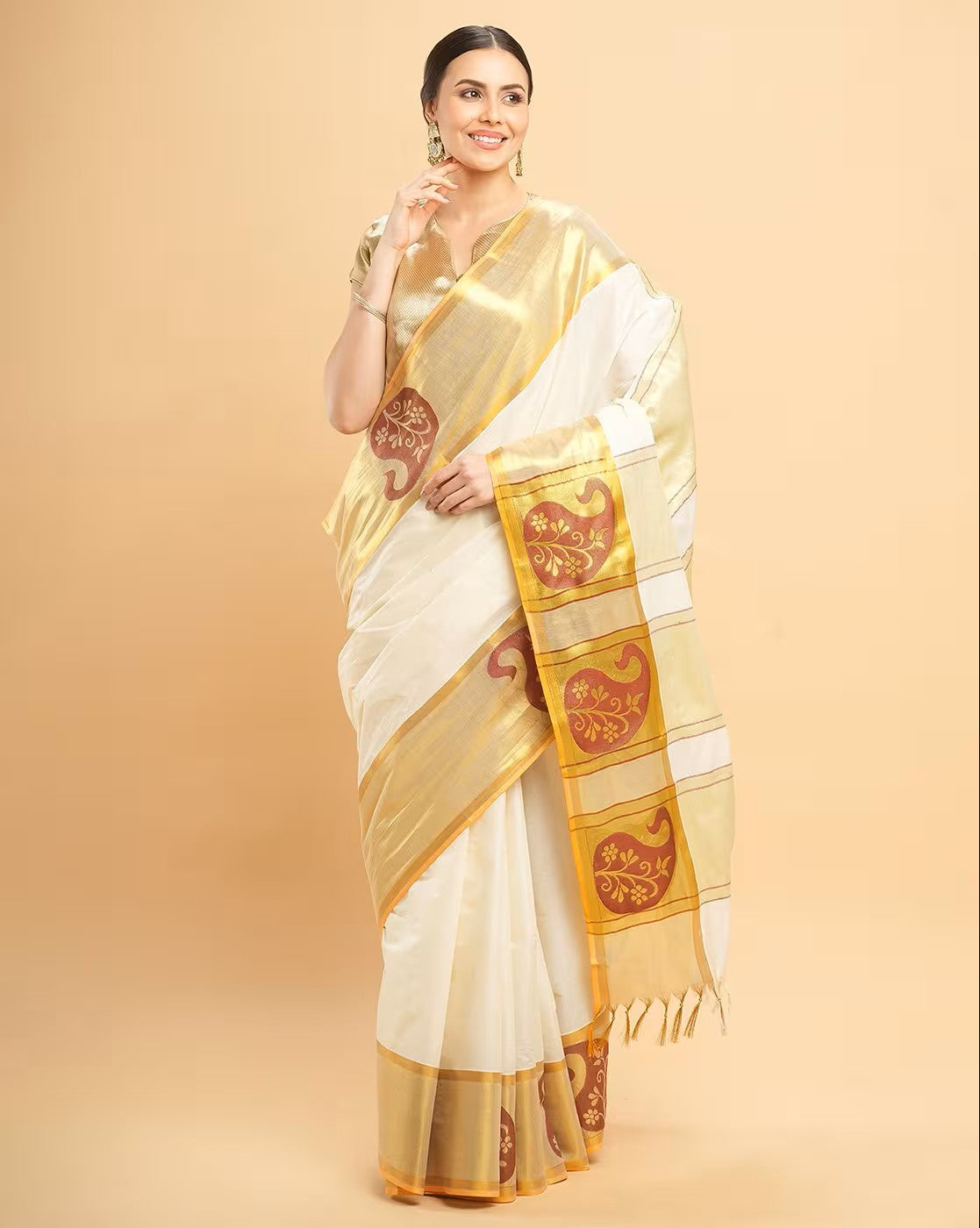 Aromie affordable embellished saree in white and gold with traditional designs and elegant drape