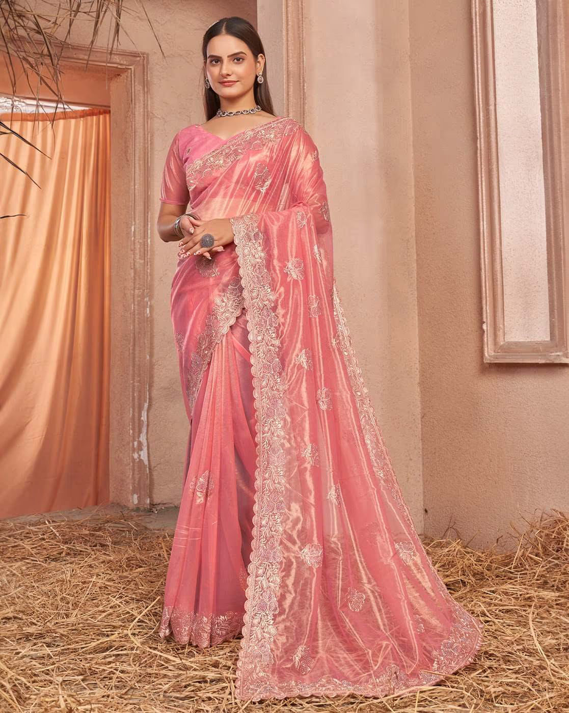 Aromie affordable embellished saree in pink with intricate embroidery and elegant draping