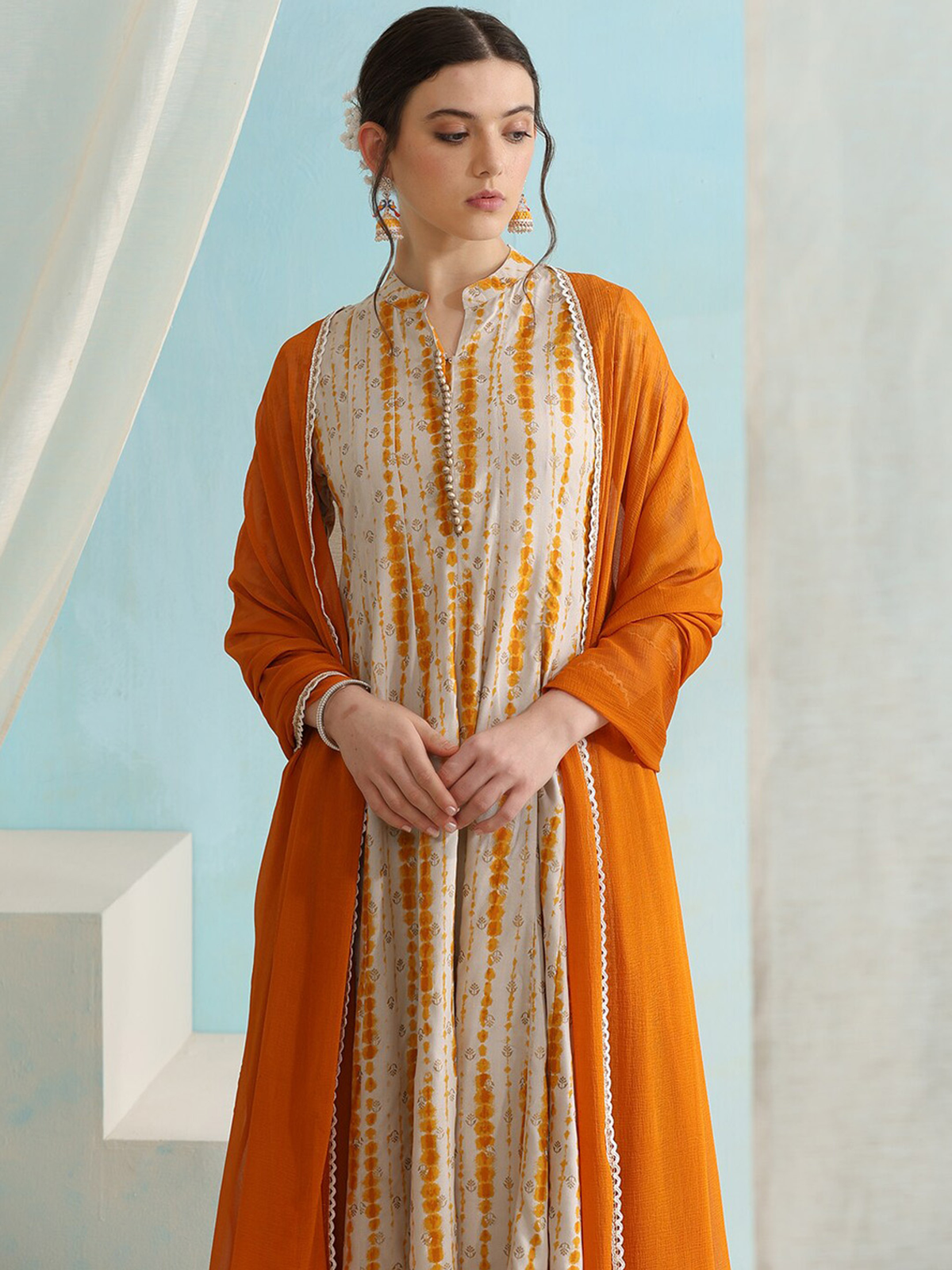 Stylish three piece Kurtha set in orange and cream, perfect affordable ethnic wear Canada