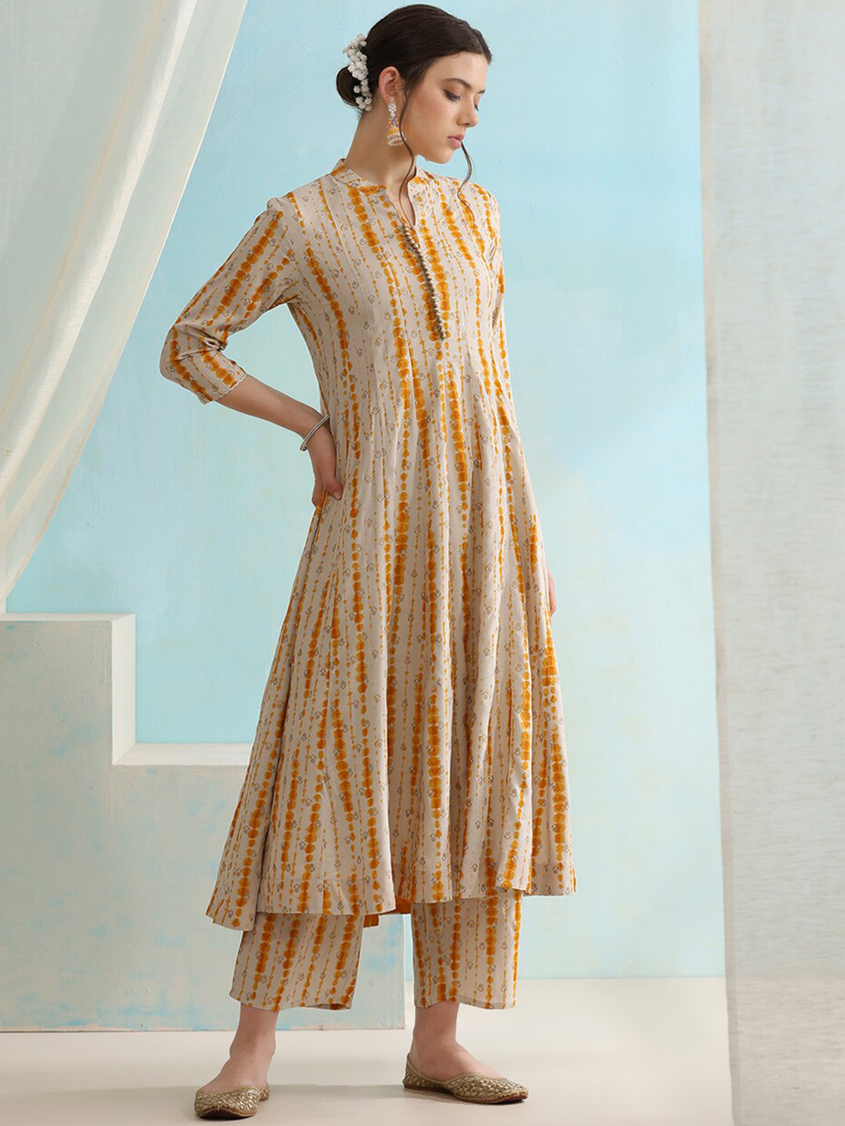 Aromie three piece Kurtha set featuring a stylish pattern, perfect for affordable ethnic wear Canada