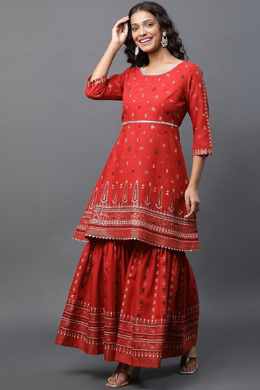 Aromie affordable Indian kurta set in red with intricate patterns and layered design