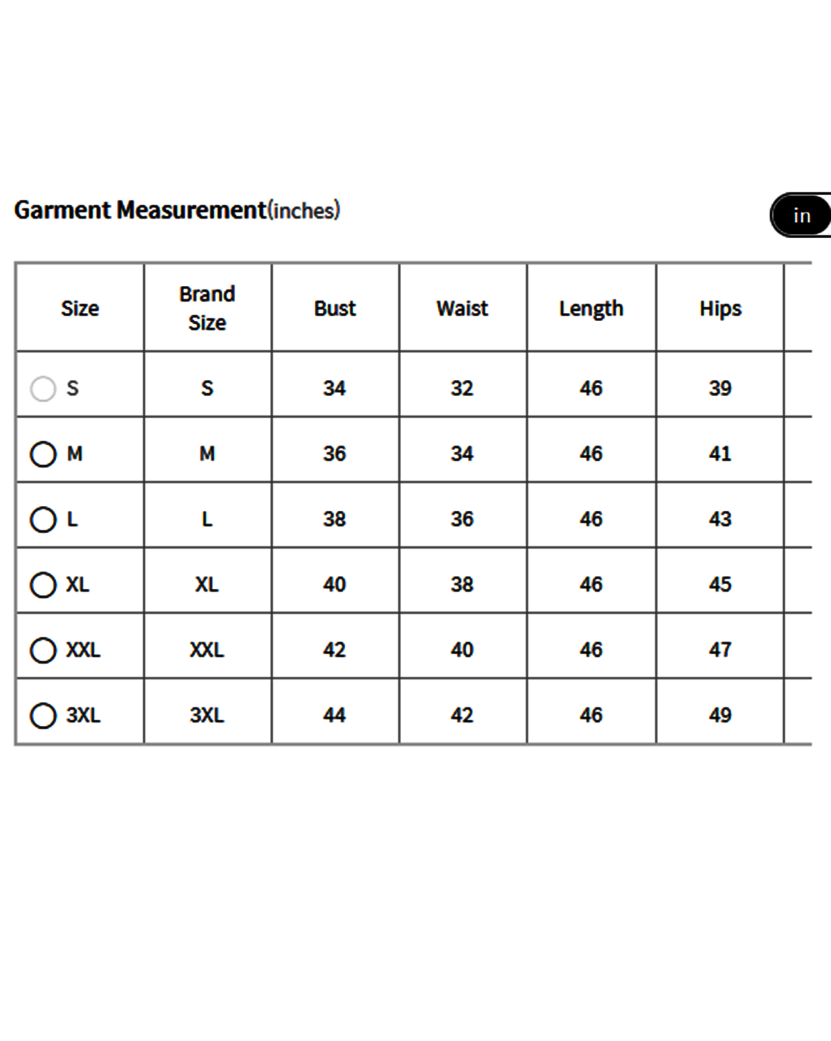 Size chart for Aromie three piece kurtha showing bust waist length and hips measurements in inches for affordable kurta suit set
