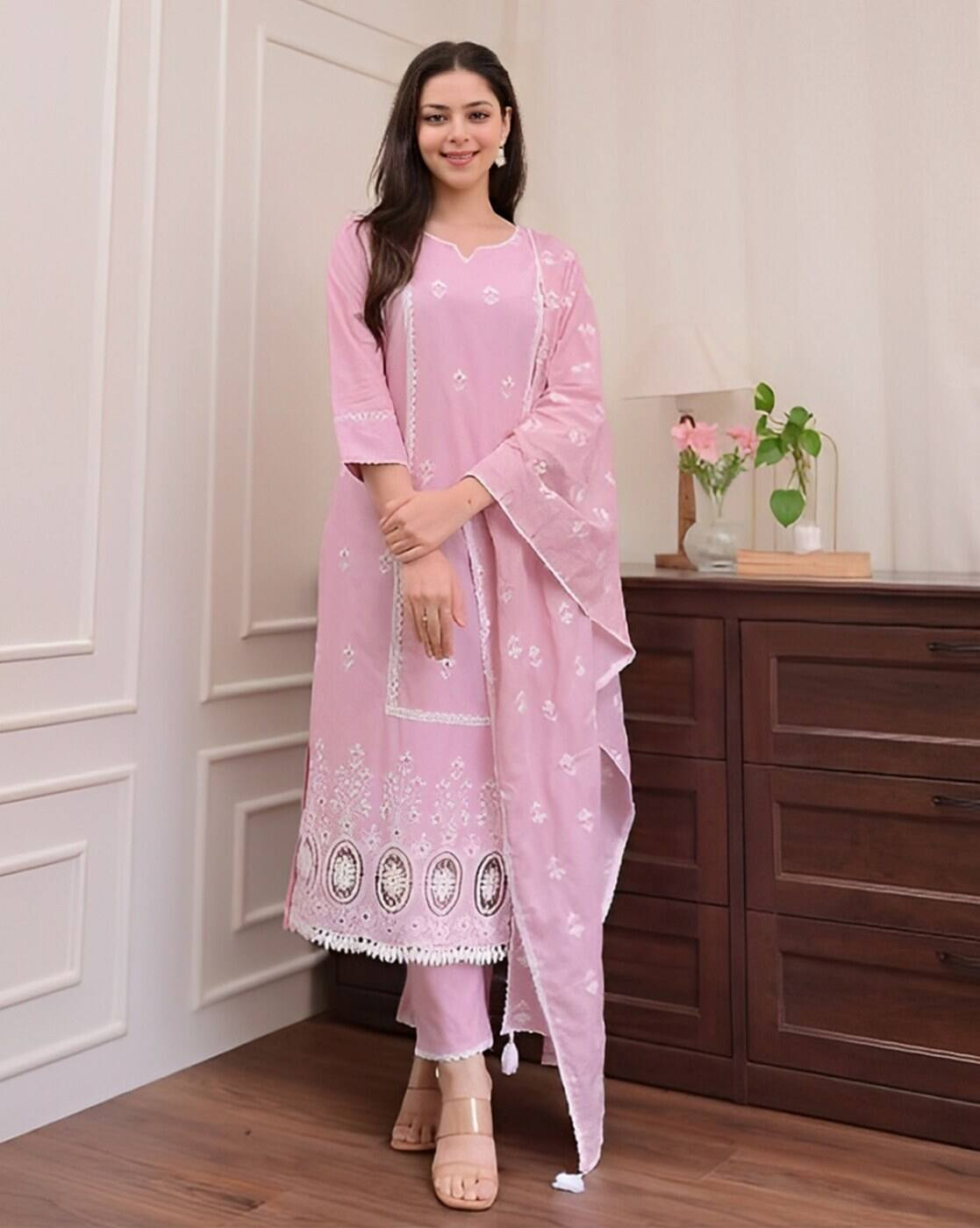 Aromie three piece Kurtha in light pink featuring delicate white embroidery affordable kurta suit set