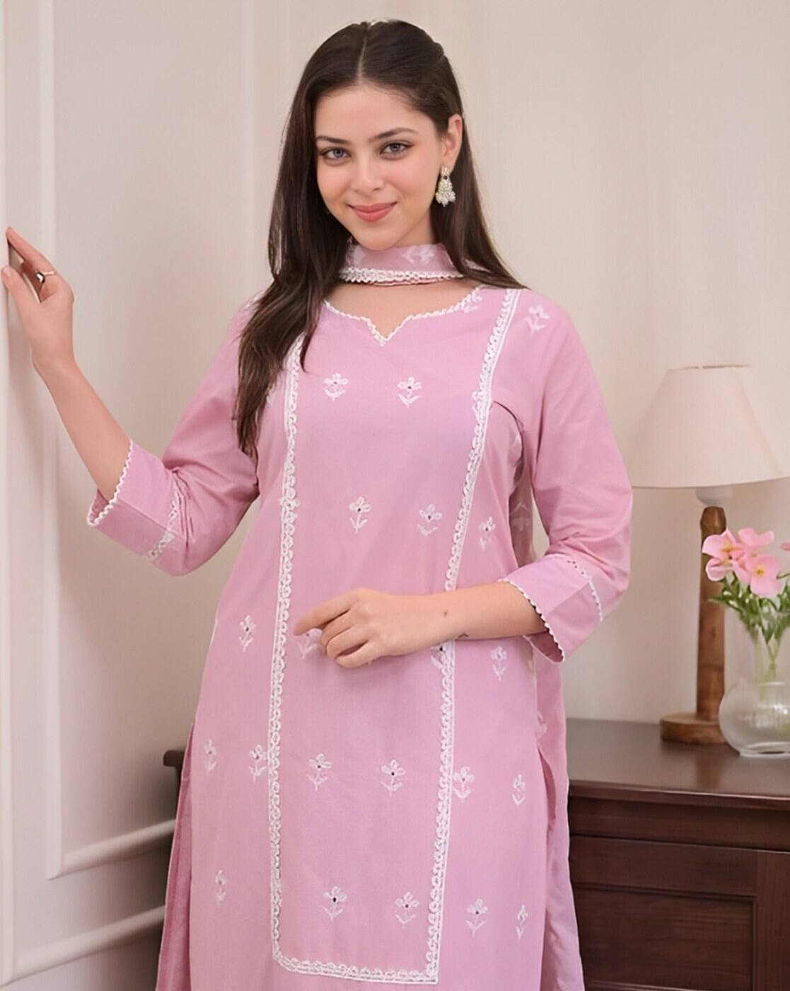 Aromie three piece kurtha in light pink with white embroidery showcasing an affordable kurta suit set