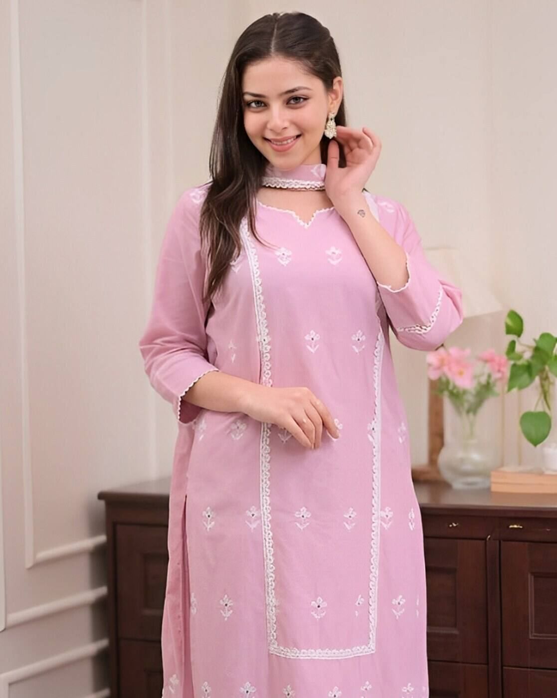 Aromie three piece Kurtha in soft pink with white embroidery featuring affordable kurta suit set