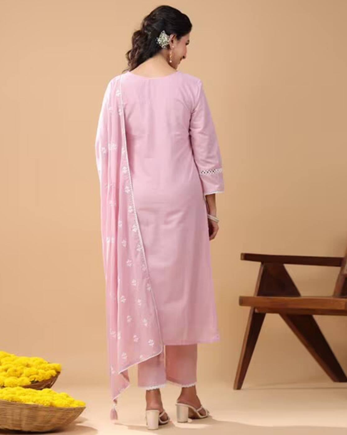 Aromie three piece Kurtha in pastel pink with embroidered dupatta, affordable kurta suit set from back view