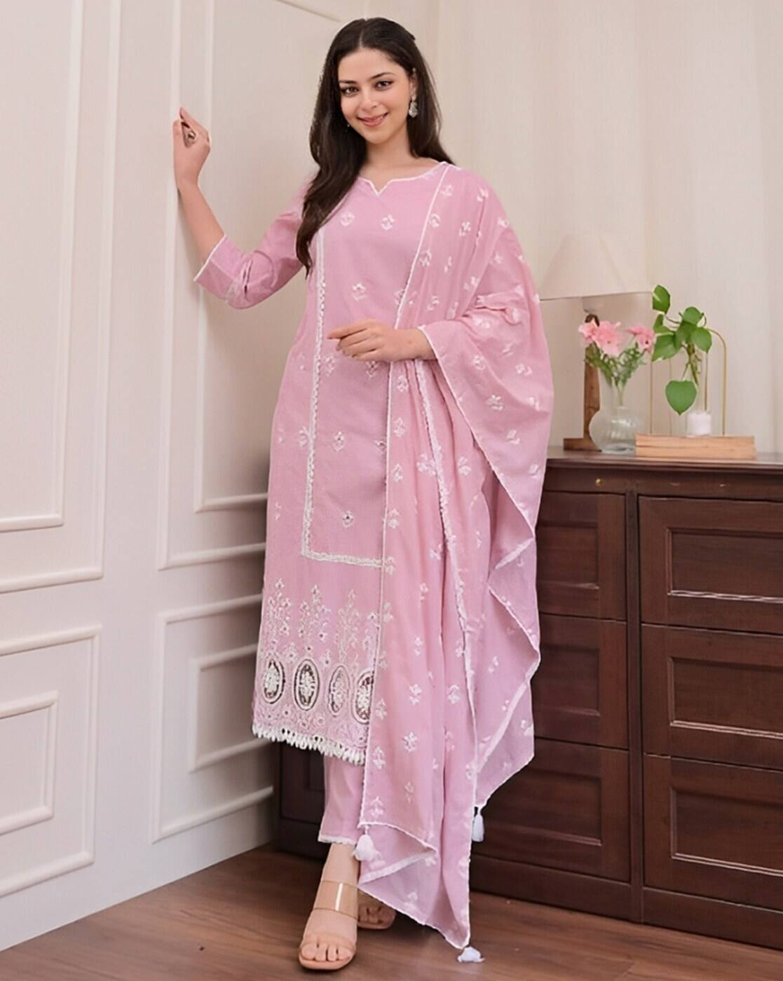Aromie three piece kurtha in pastel pink with floral embroidery affordable kurta suit set