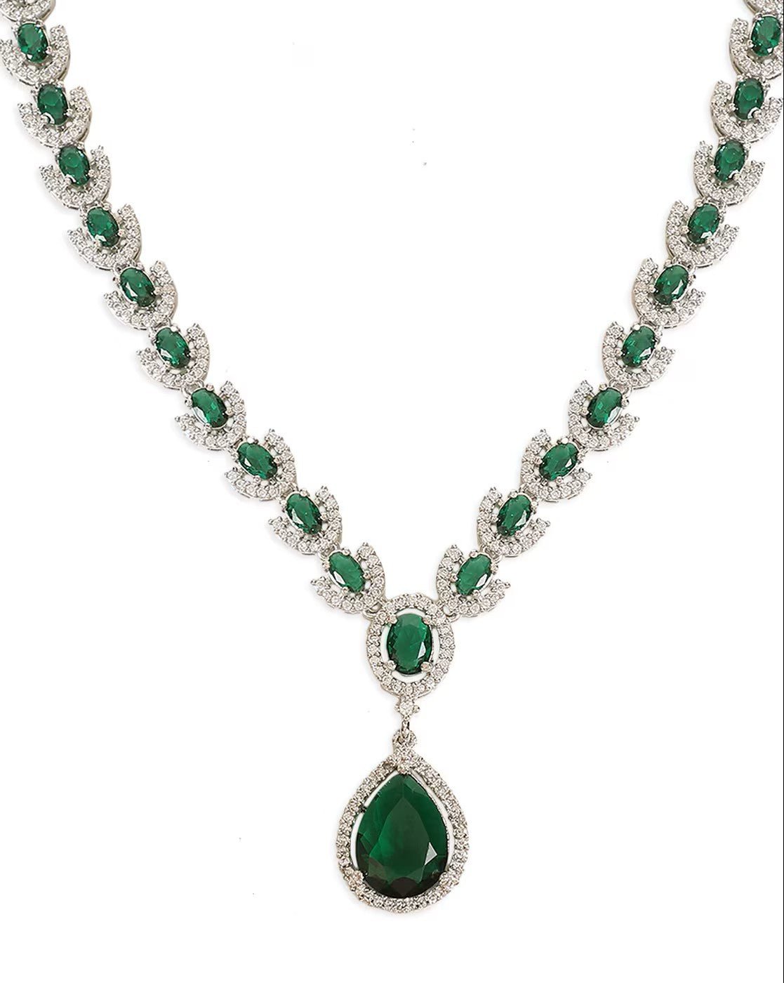 Aromie affordable rhodium jewelry set featuring green gemstones and sparkling clear accents necklace