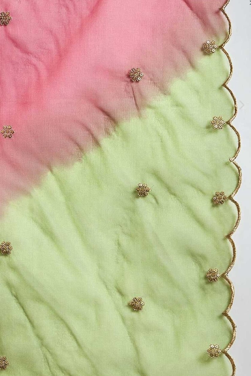 Elegant three piece Kurtha set in silk blend featuring pink and green colors with floral embroidery, an affordable silk blend kurta set.