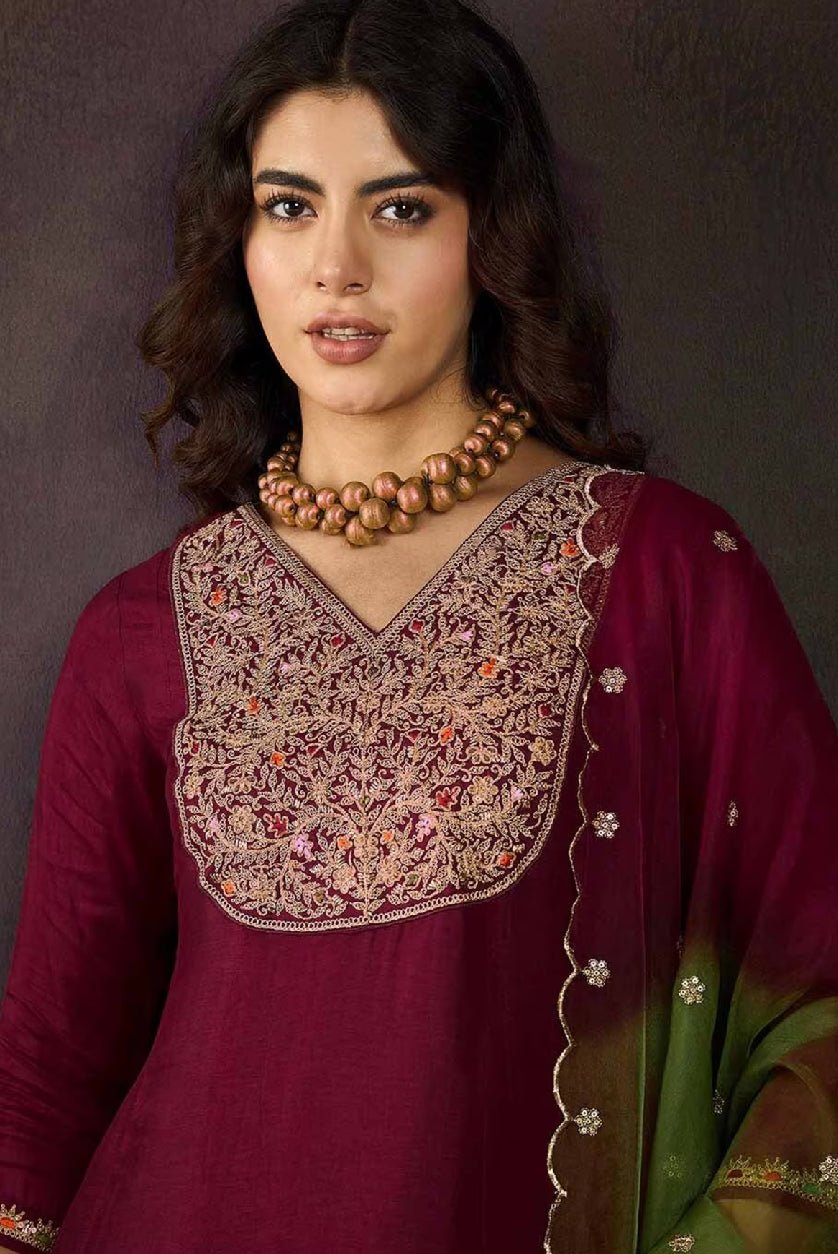 Stylish Three Piece Kurtha Set in Maroon featuring Embroidery, an affordable silk blend kurta set