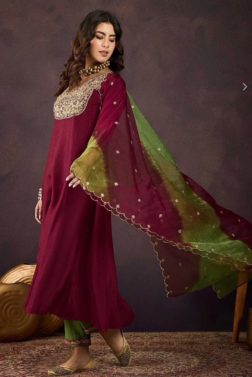 Elegant three piece Kurtha set in maroon and green, showcasing an affordable silk blend kurta set
