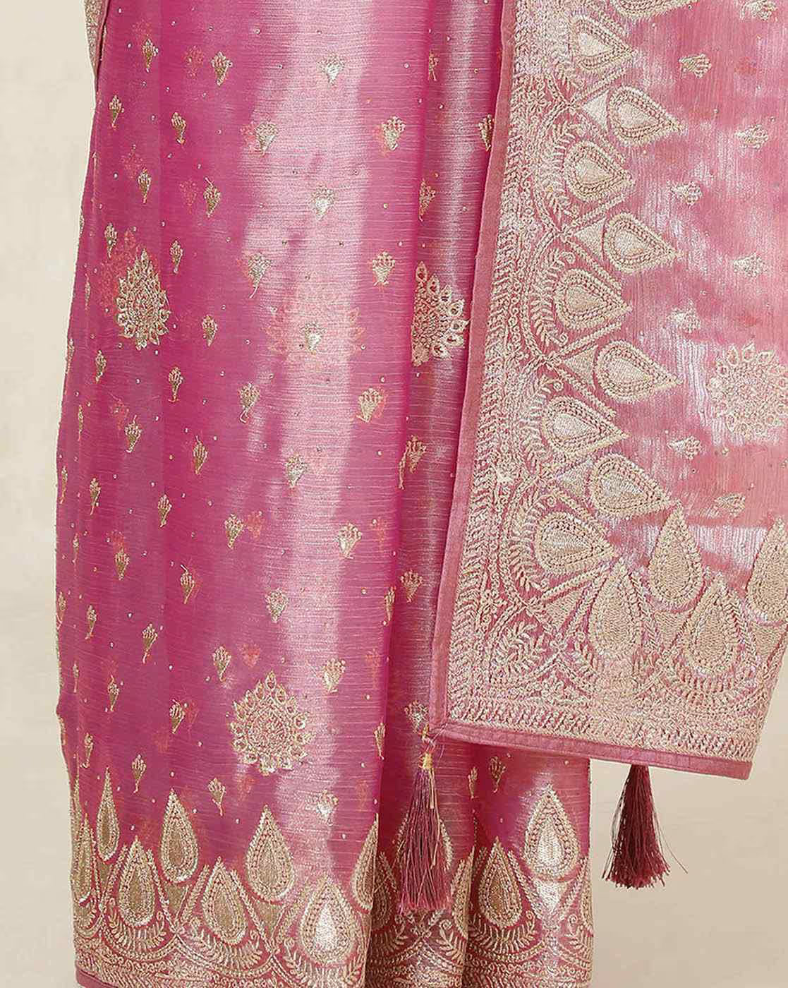 Front view of beautiful pink affordable silk saree Canada with intricate golden embroidery, ideal for festive occasions