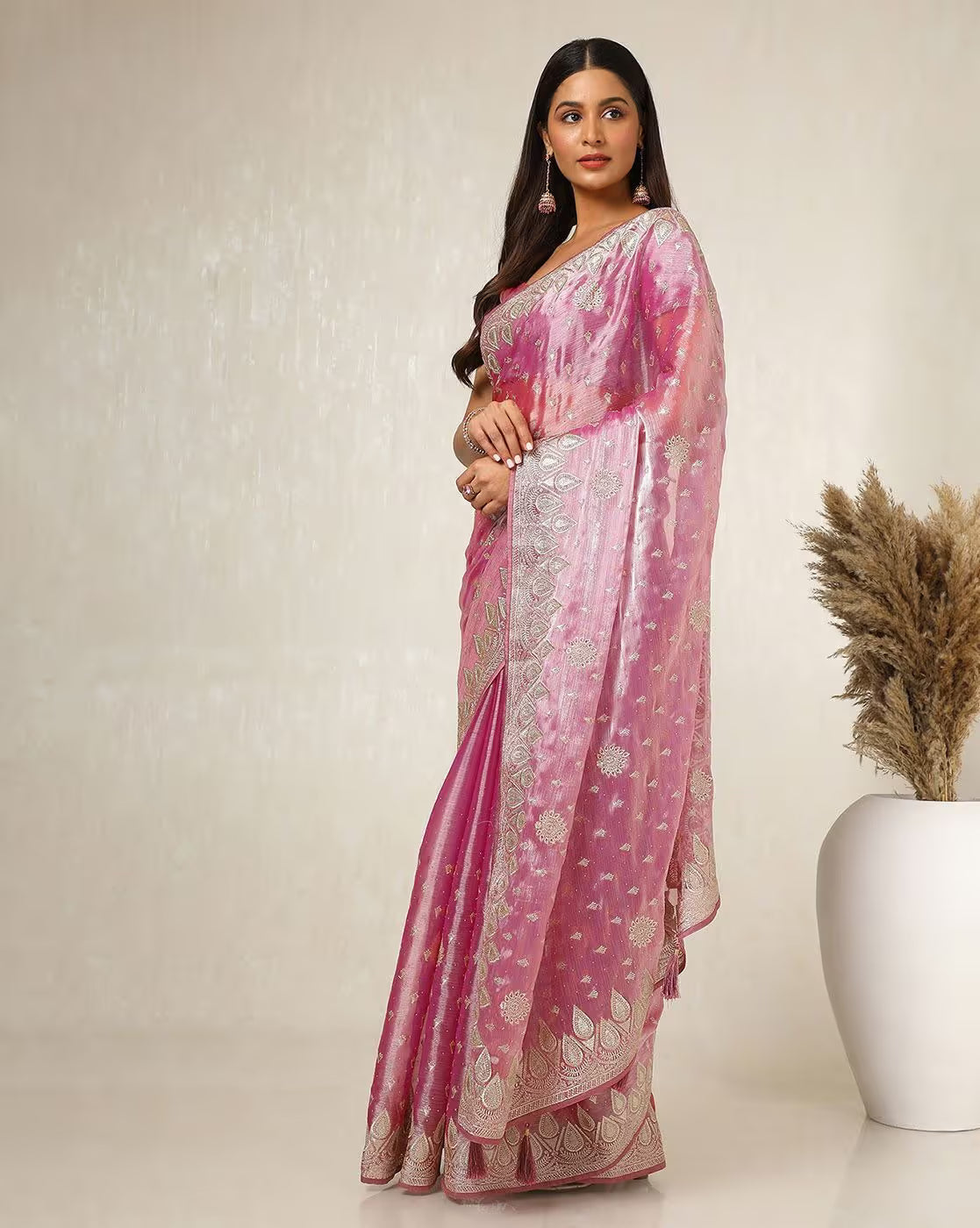Affordable silk saree in pink with intricate silver embroidery, perfect for weddings and special occasions in Canada.