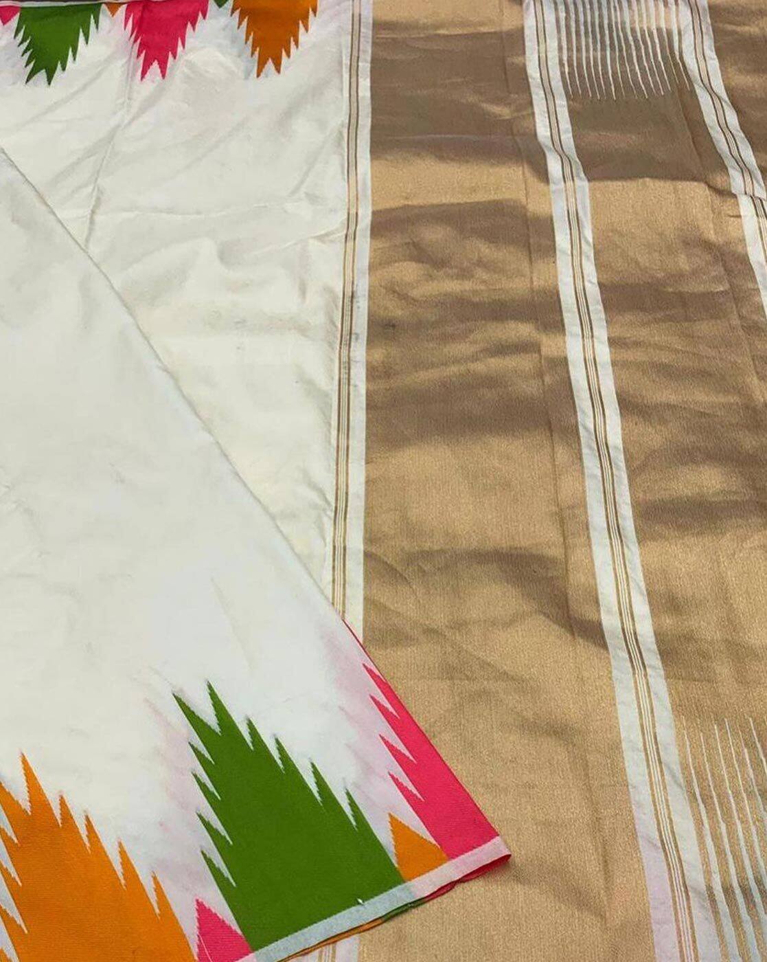 Aromie affordable silk saree Canada with white fabric and colorful border alongside gold striped pallu