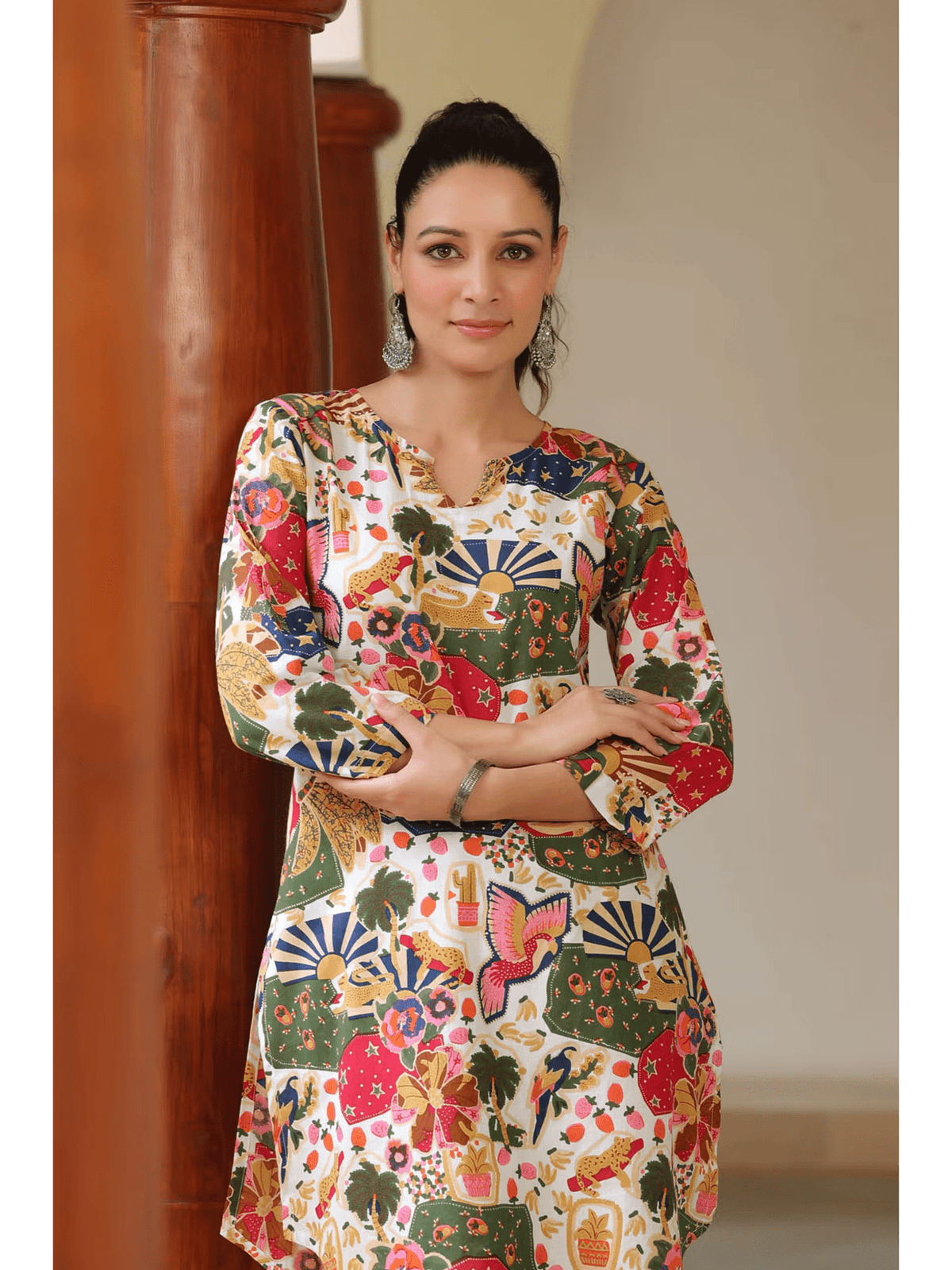 Aromie three piece Kurtha set featuring vibrant colors and patterns, perfect affordable women's tunic set Canada.