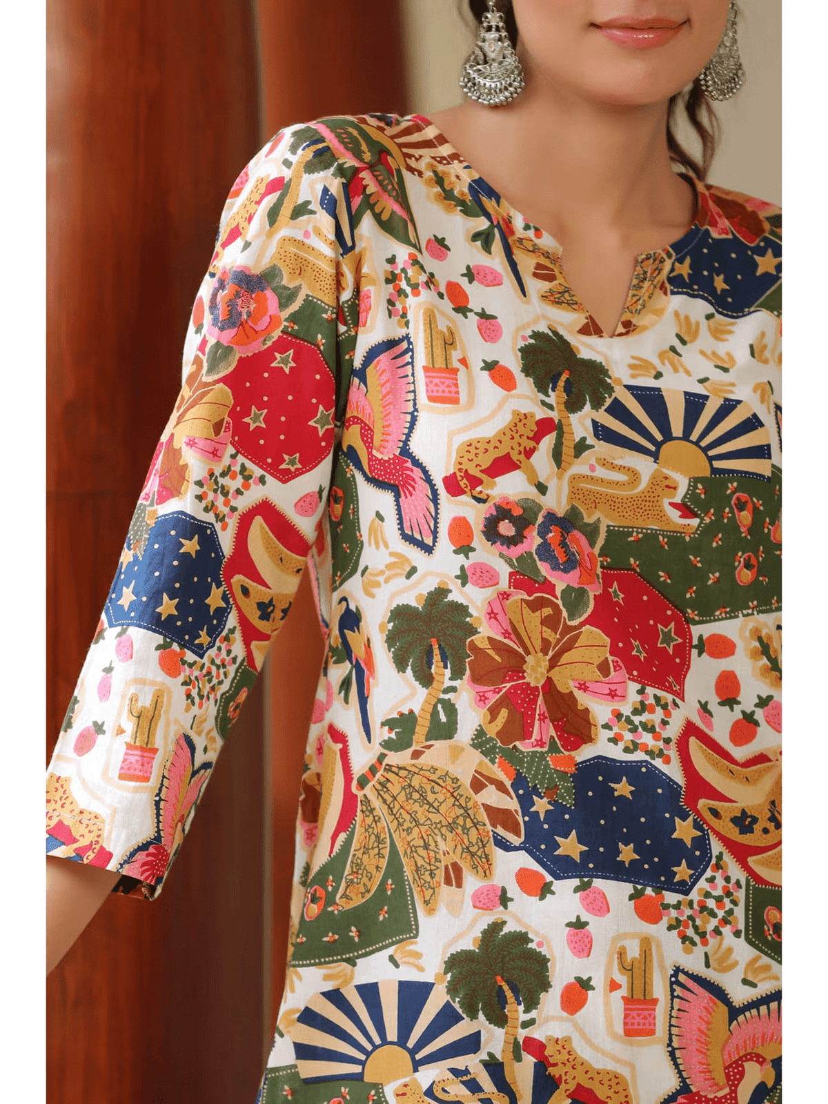 Aromie affordable women's tunic set Canada featuring colorful floral and animal patterns