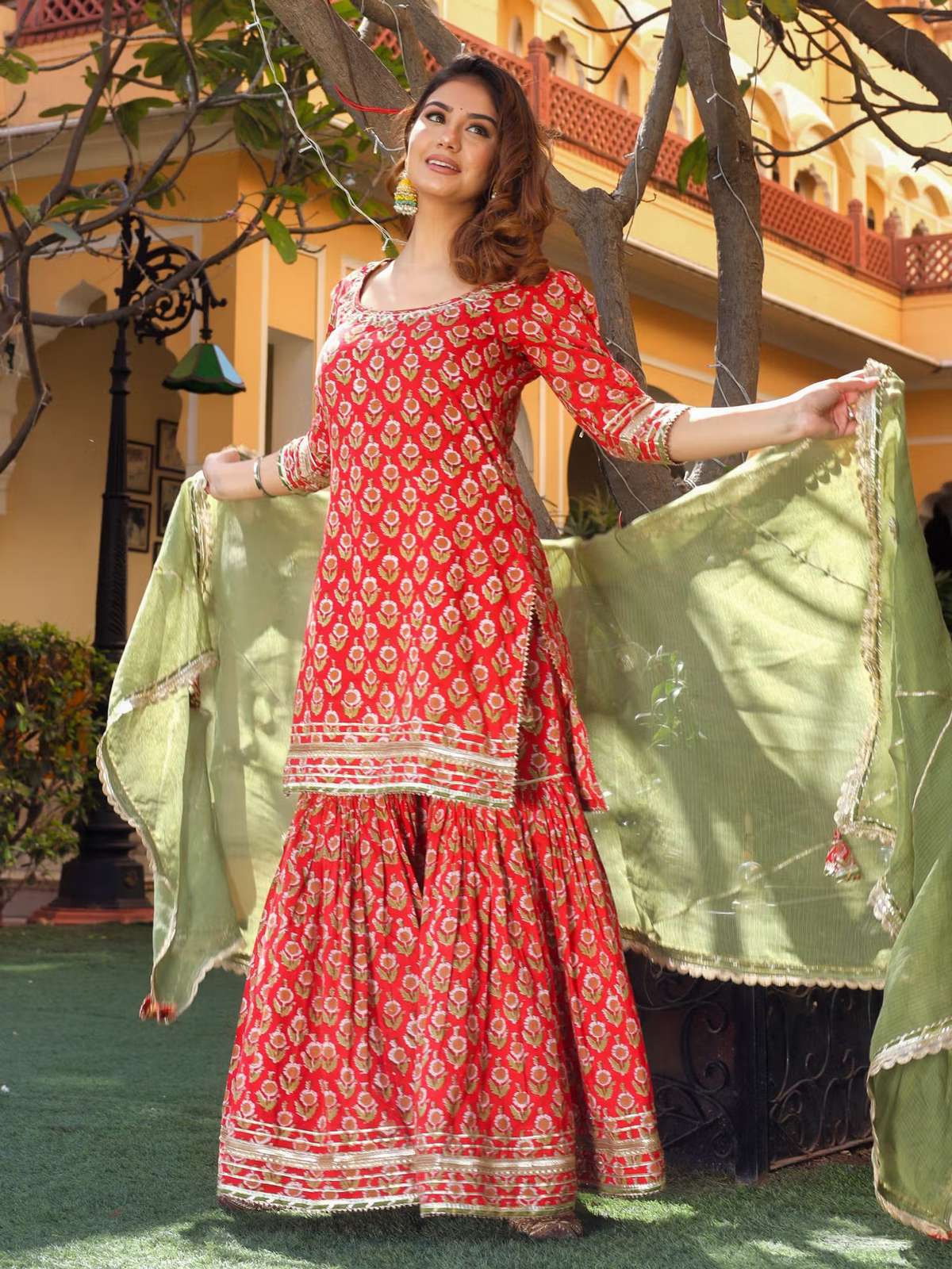 Aromie three piece Kurtha set in red and green, perfect affordable women's tunic set Canada