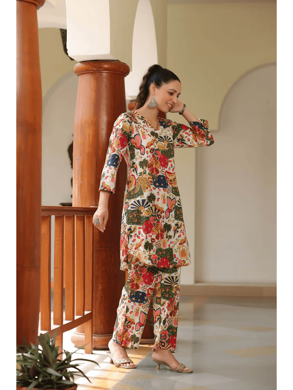 Aromie three piece kurtha set in vibrant floral prints, perfect for an affordable women's tunic set Canada.