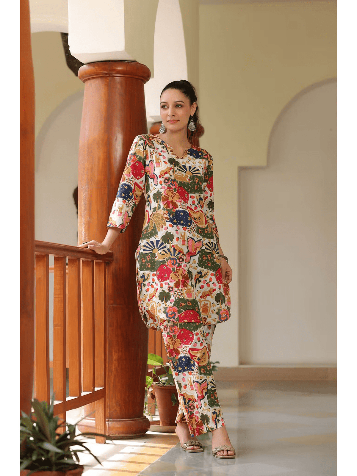 Aromie three piece kurtha set in colorful floral print, perfect as an affordable women's tunic set Canada