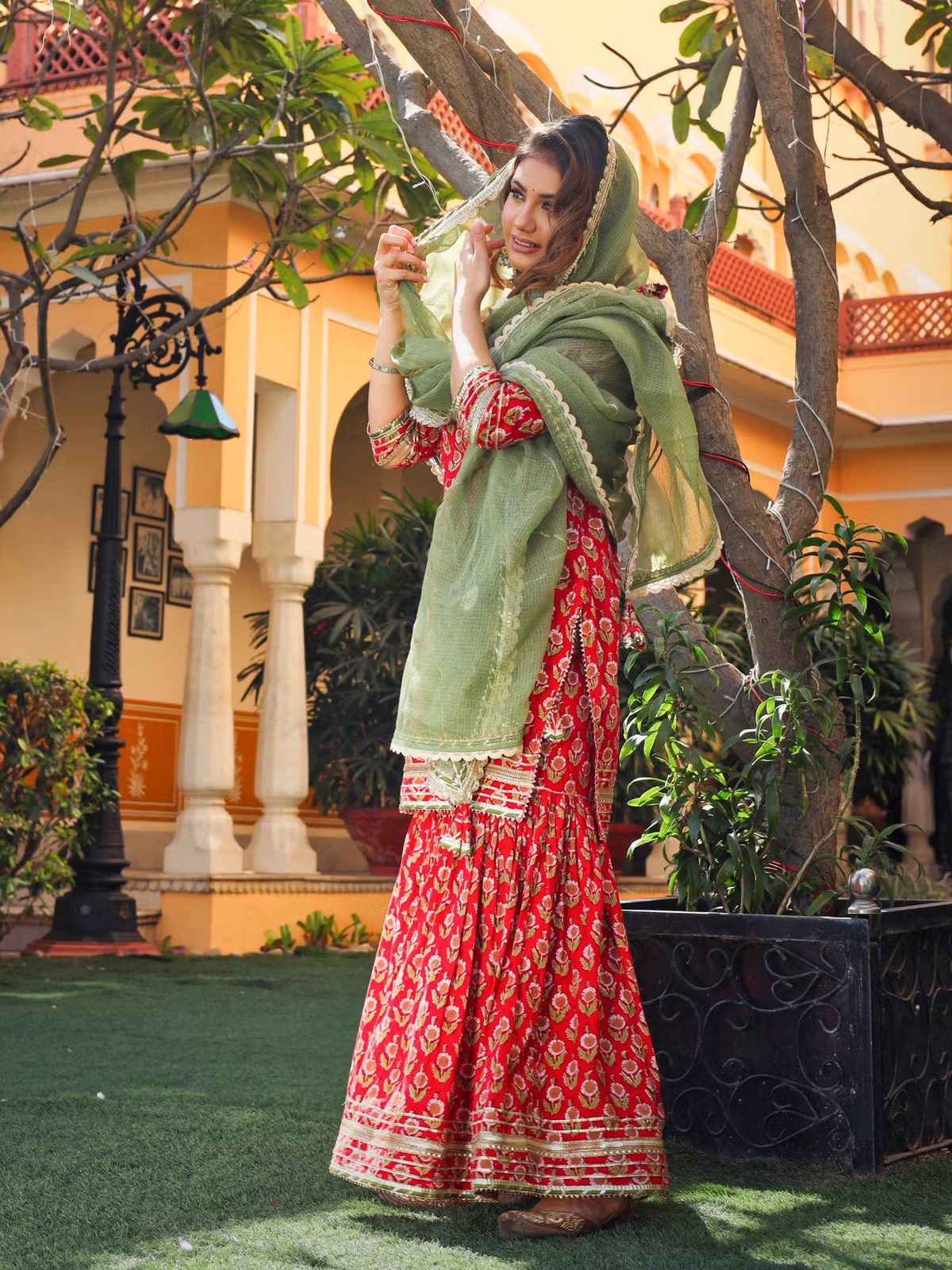 Aromie three piece Kurtha set in red and green, showcasing an affordable women's tunic set Canada