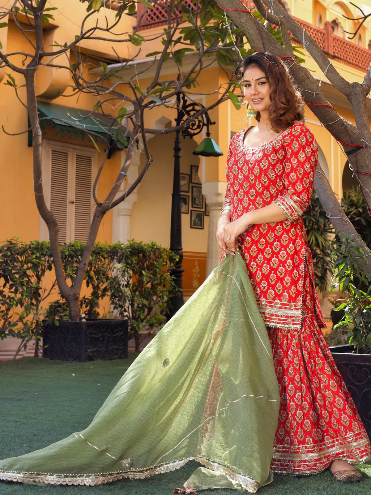 Aromie three piece kurtha set in red with green dupatta, an affordable women's tunic set Canada