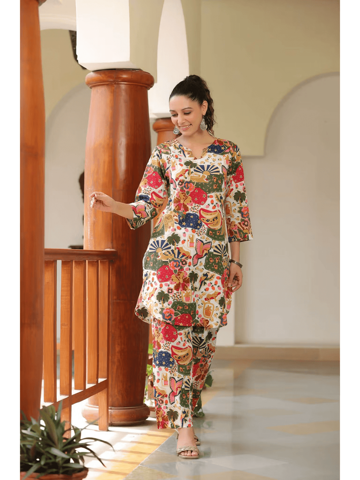 Aromie three piece Kurtha set in colorful floral print, perfect for affordable women's tunic set Canada