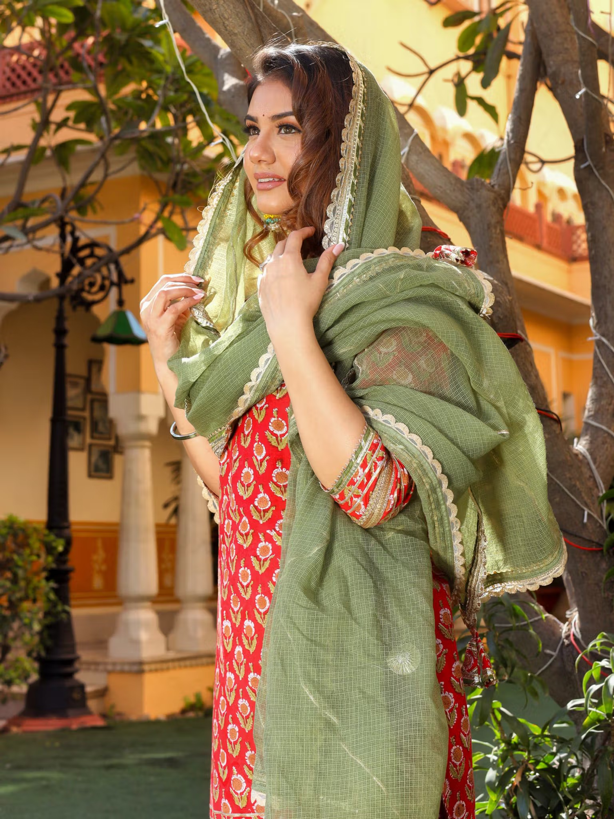 Aromie three piece Kurtha set with a red tunic and green scarf, stylish yet affordable women's tunic set Canada