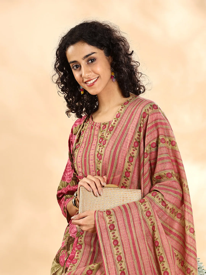 Aromie Anarkali Kurta Set Canada in pink striped fabric, front view, perfect for casual wear or festive occasions