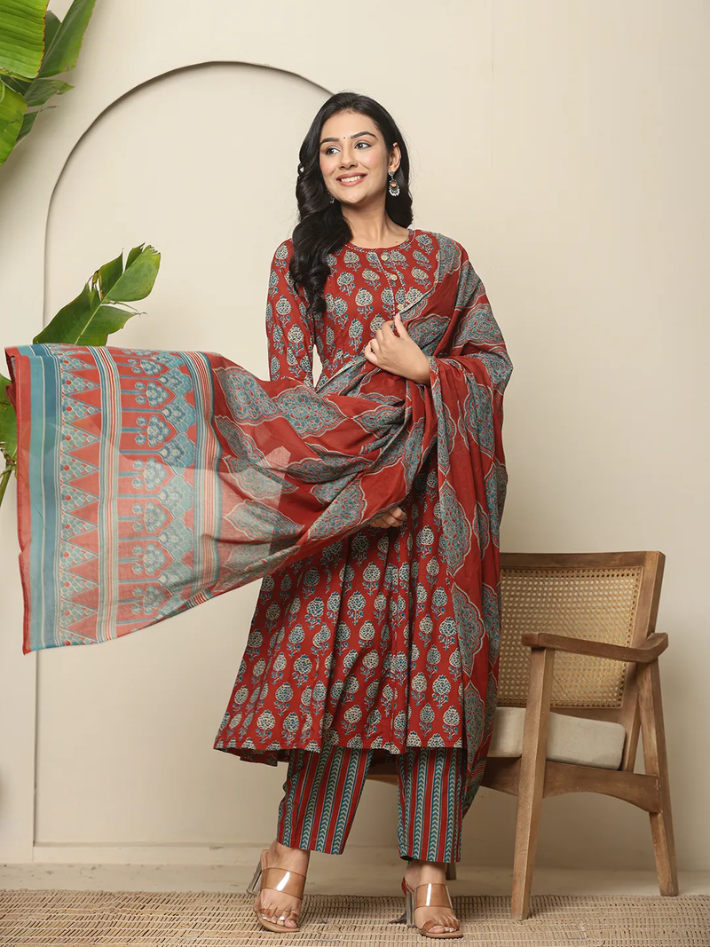 Aromie Anarkali Kurta Set Canada in red and blue floral print; perfect for festive occasions or casual wear