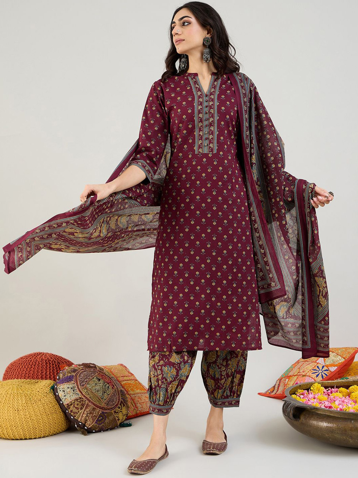 Elegant Anarkali Kurta Set Canada in rich burgundy with floral patterns and matching pants