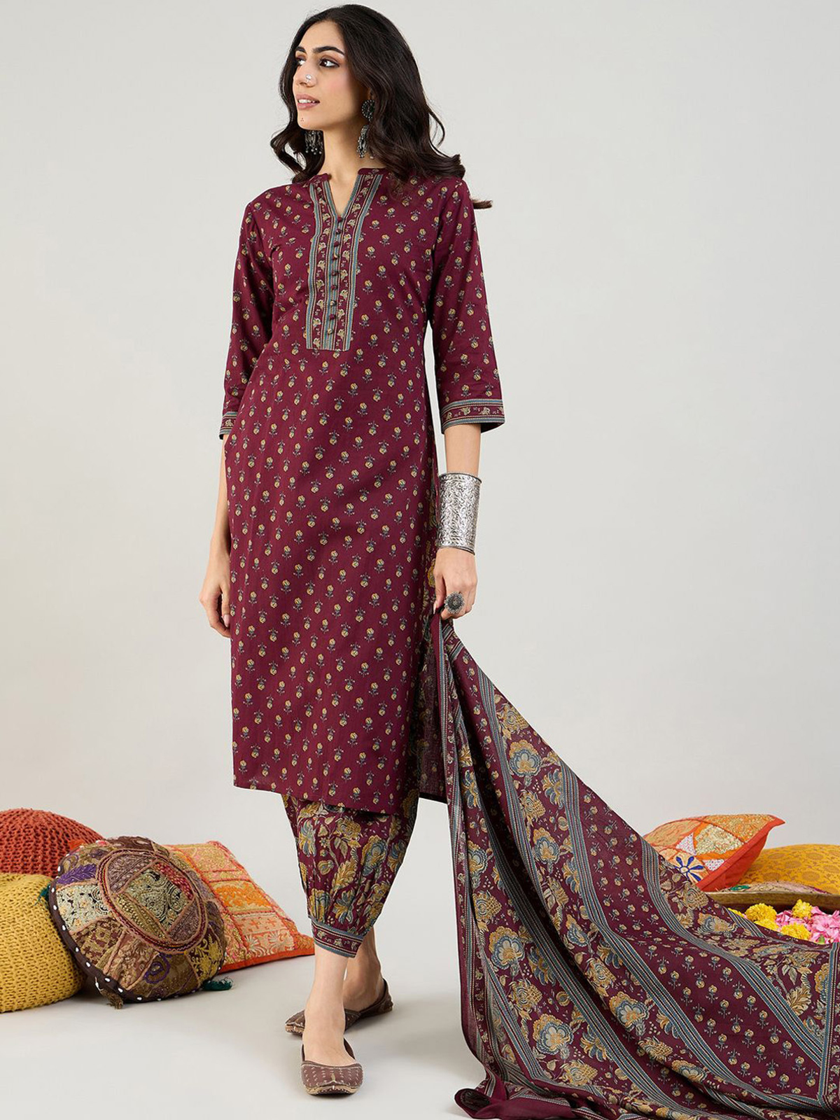 Aromie Three Piece Anarkali Kurta Set Canada in burgundy with intricate patterns and matching dupatta