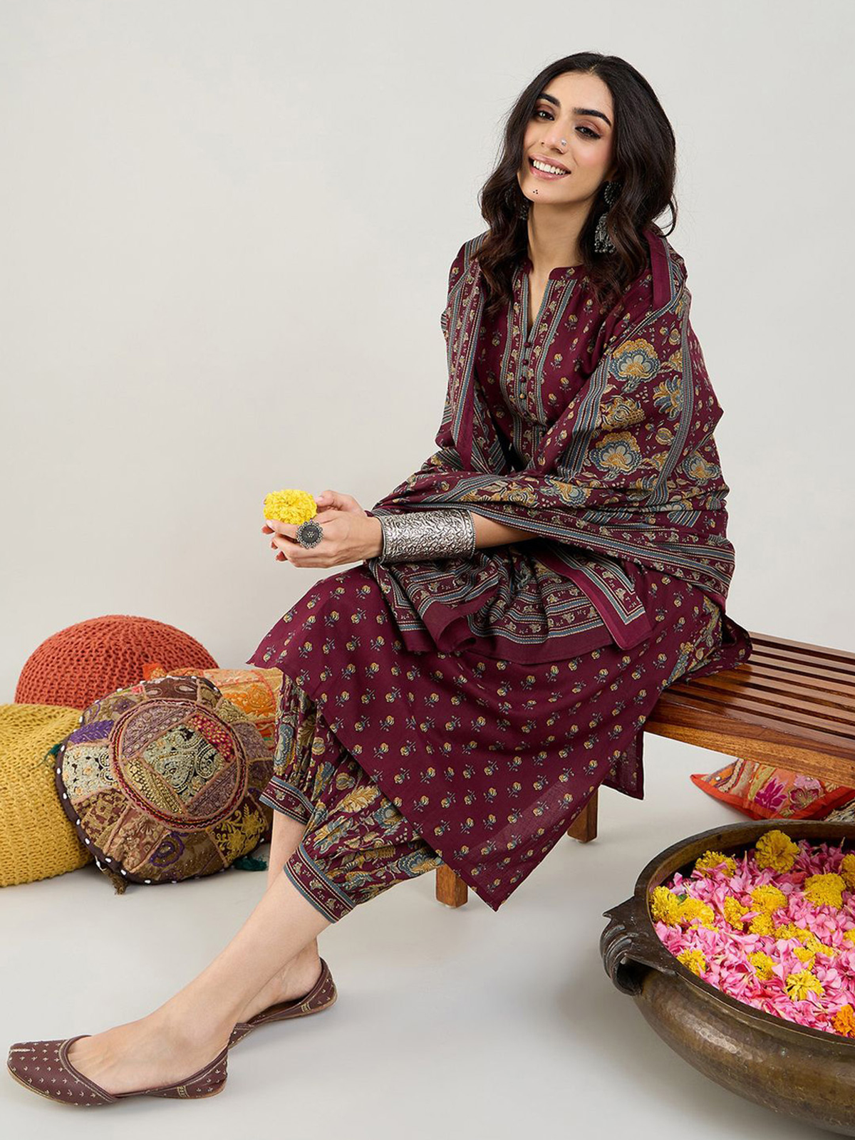 Aromie Anarkali Kurta Set Canada in maroon with intricate patterns and matching dupatta for festive wear