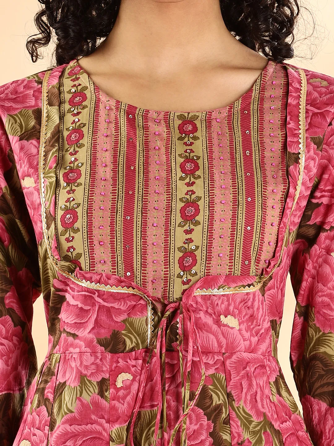 Front view of a floral Anarkali Kurta Set Canada in pink and beige fabric, perfect for festive occasions.