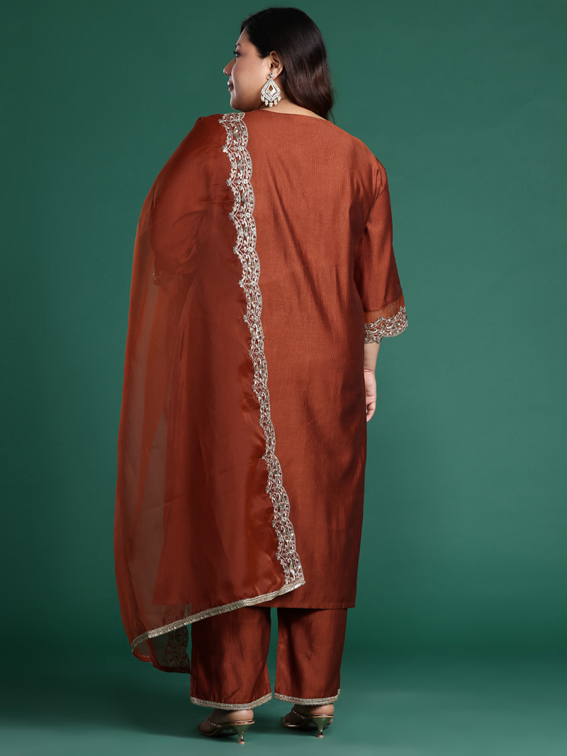 Brown Anarkali Kurta Set USA made of lightweight fabric, ideal for festive occasions or weddings, featuring elegant lace details