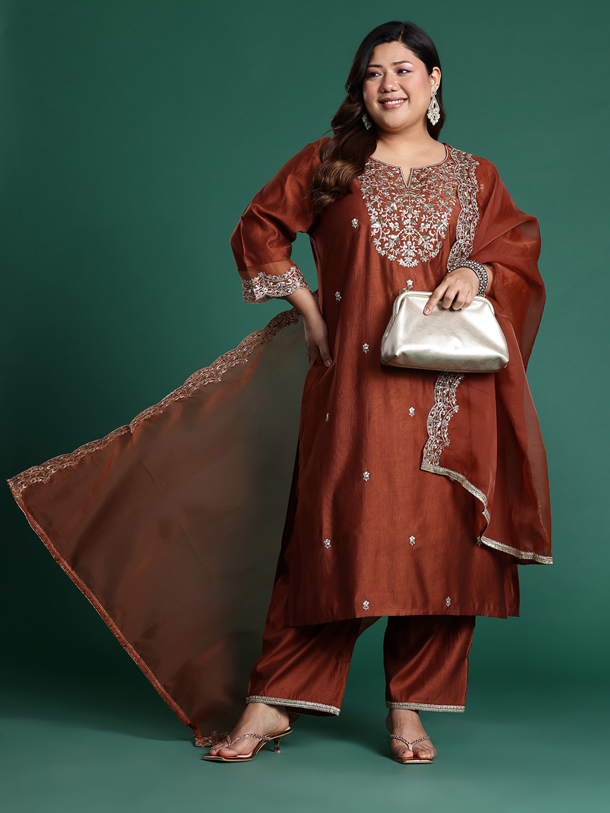 Elegant Three Piece Anarkali Kurta Set USA in rust color, featuring embellished front for festive occasions
