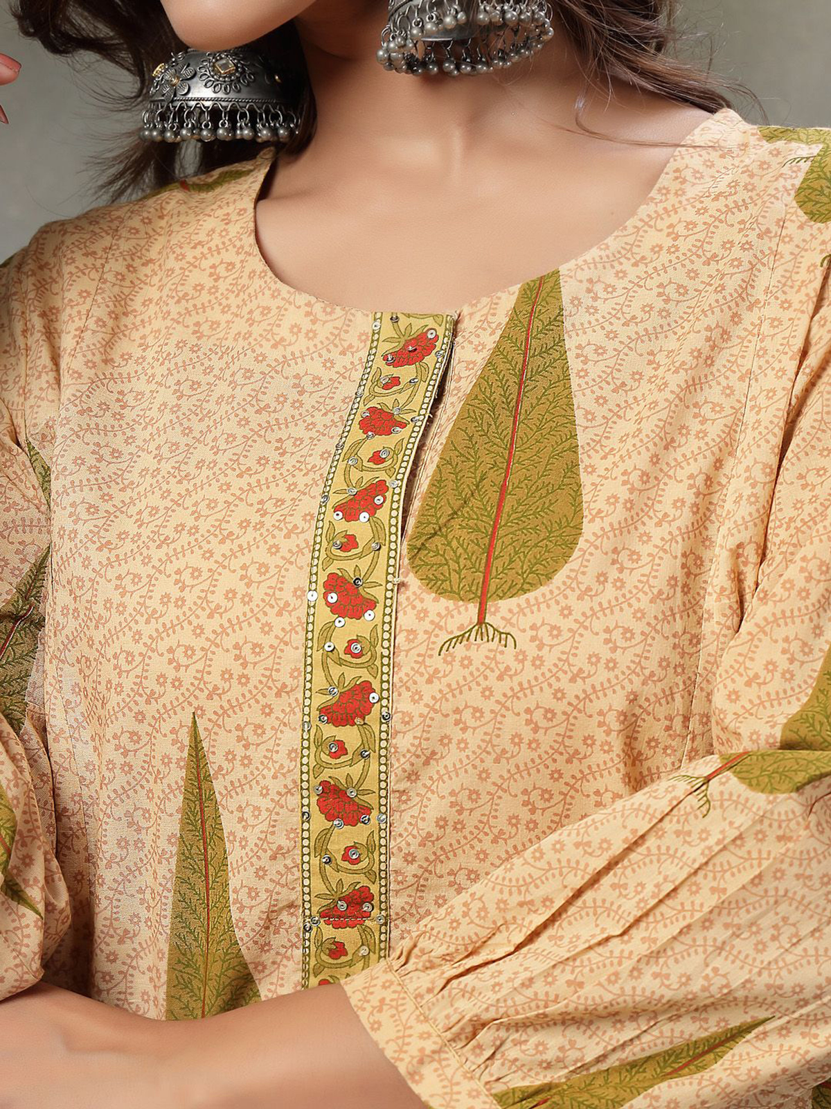 Detail view of an Anarkali Kurta Set USA Canada in earthy tones, showcasing intricate floral patterns, perfect for festive occasions.