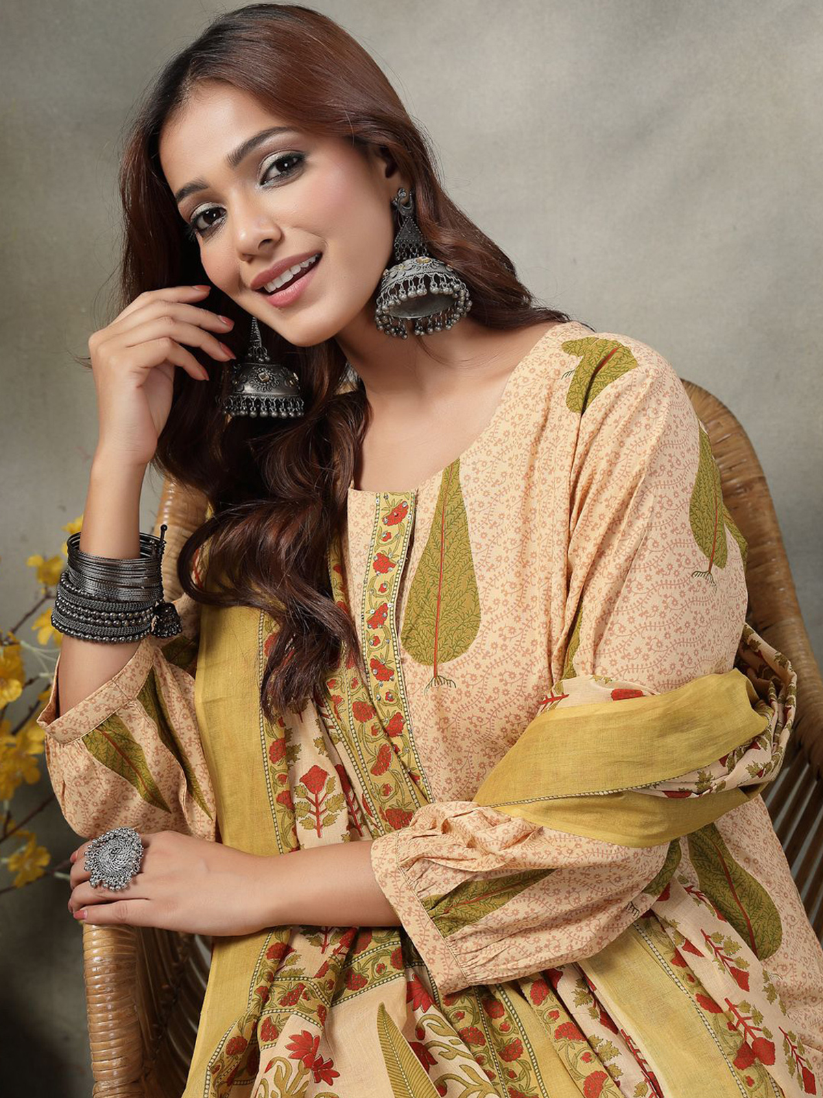 Three piece Anarkali Kurta Set USA Canada in yellow and beige floral print, perfect for festive occasions
