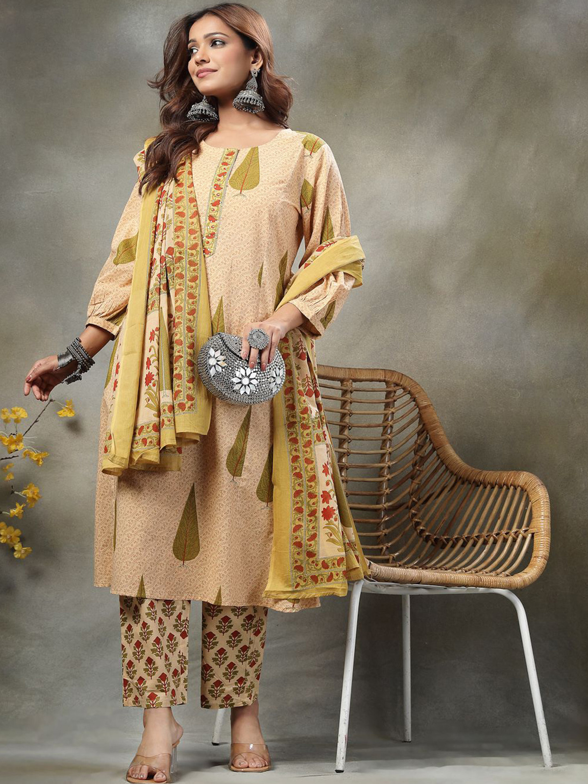 Three-piece Anarkali Kurta Set USA Canada in beige with floral print and matching churidar, ideal for festive occasions