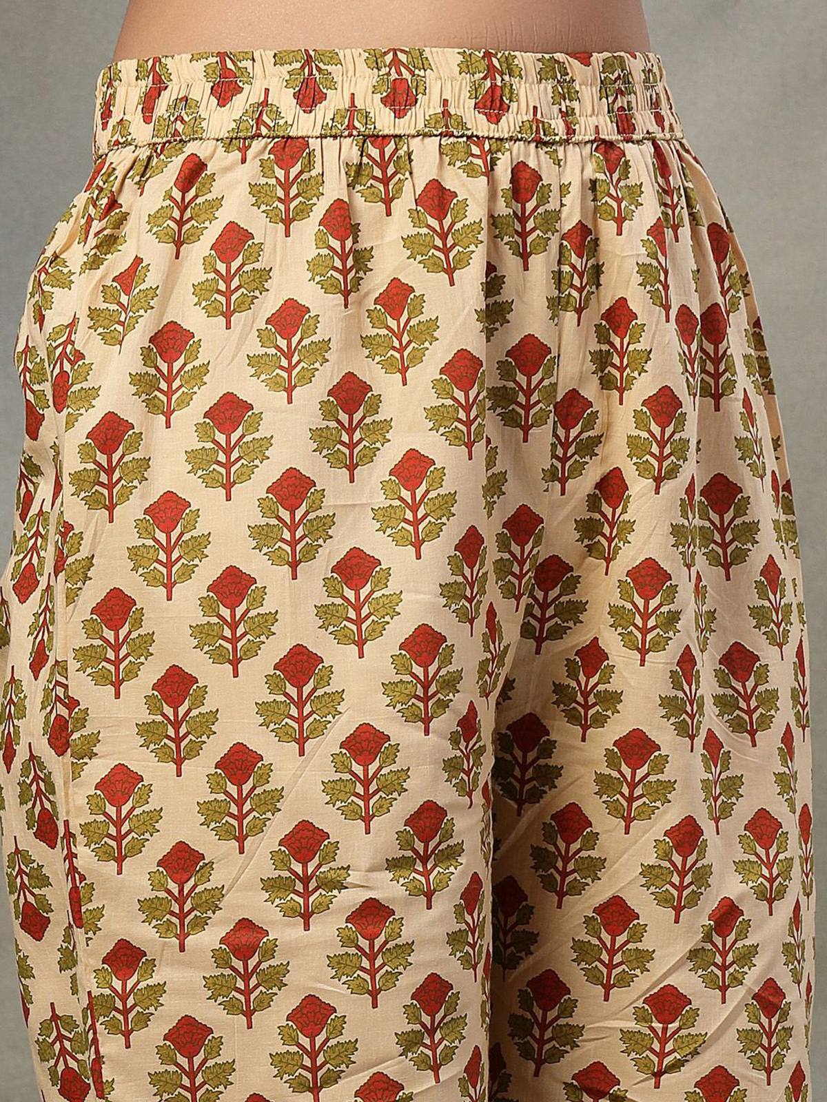 Beige floral printed Anarkali Kurta Set USA Canada featuring traditional motifs with elastic waist, ideal for festive occasions