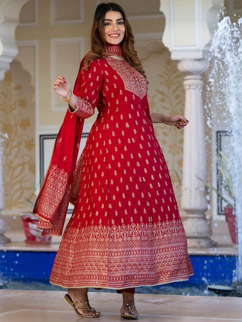 Elegant red Anarkali Kurta set USA made of fine fabric, featuring detailed embellishments, perfect for festive occasions