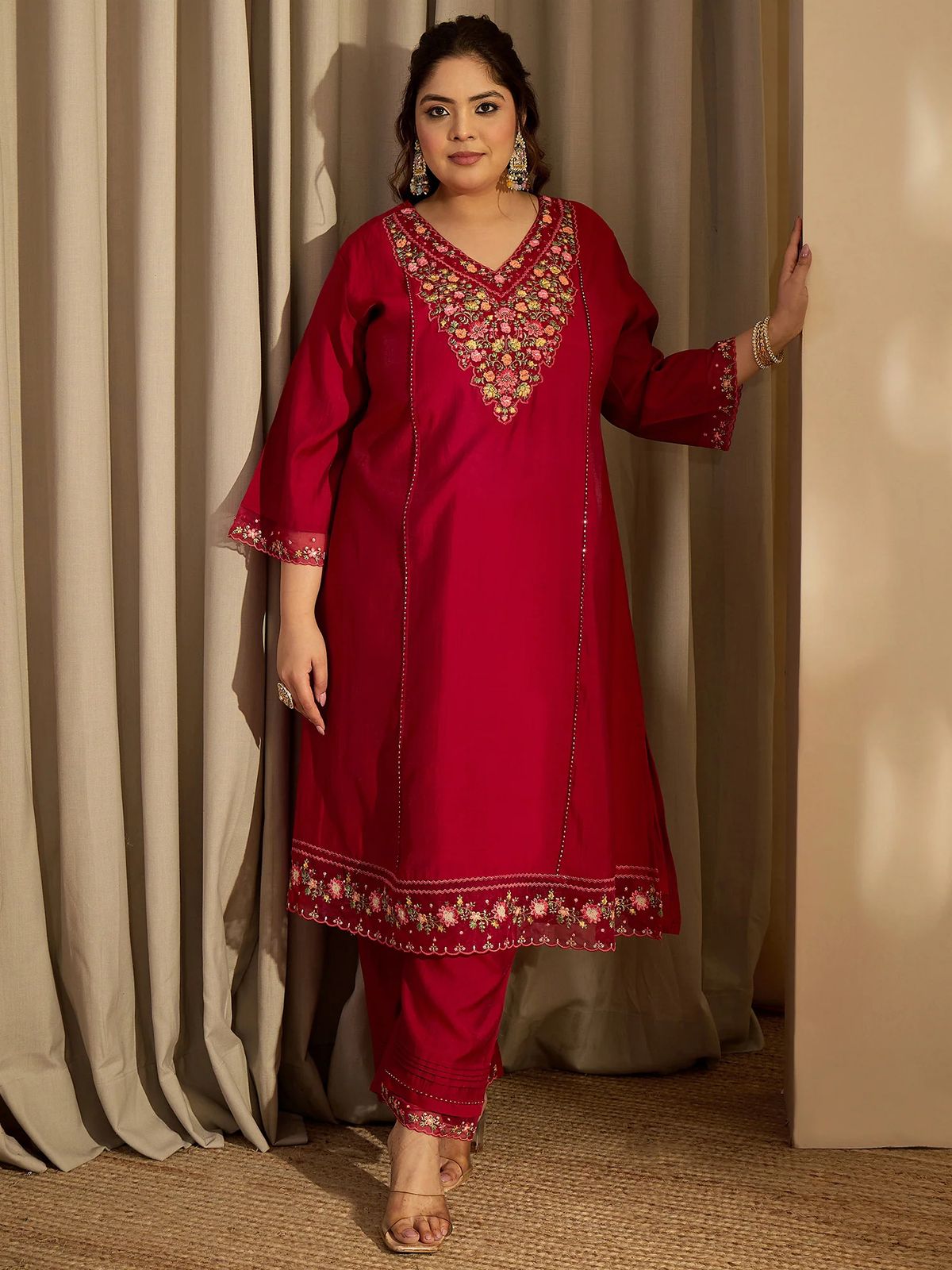 Aromie Anarkali Kurta Set USA in rich red color with floral embroidery, suitable for festive occasions