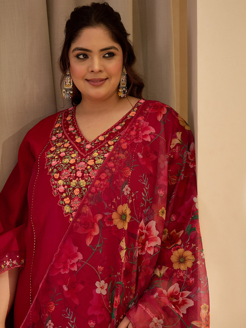 Maroon Anarkali Kurta Set USA in soft fabric with floral embroidery, ideal for festive occasions