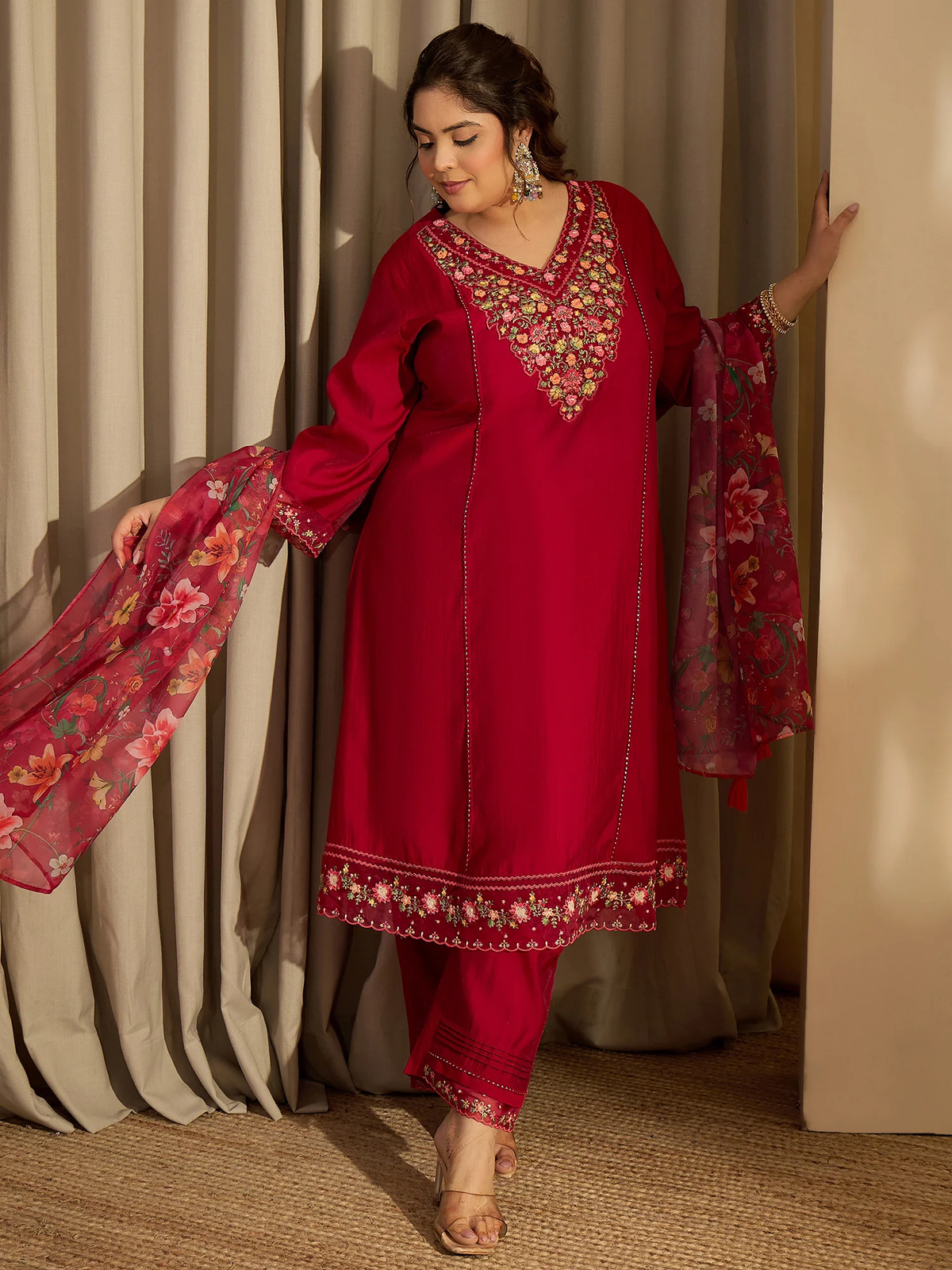 Red Anarkali Kurta Set USA featuring floral embroidery and flowing sleeves, perfect for festive occasions