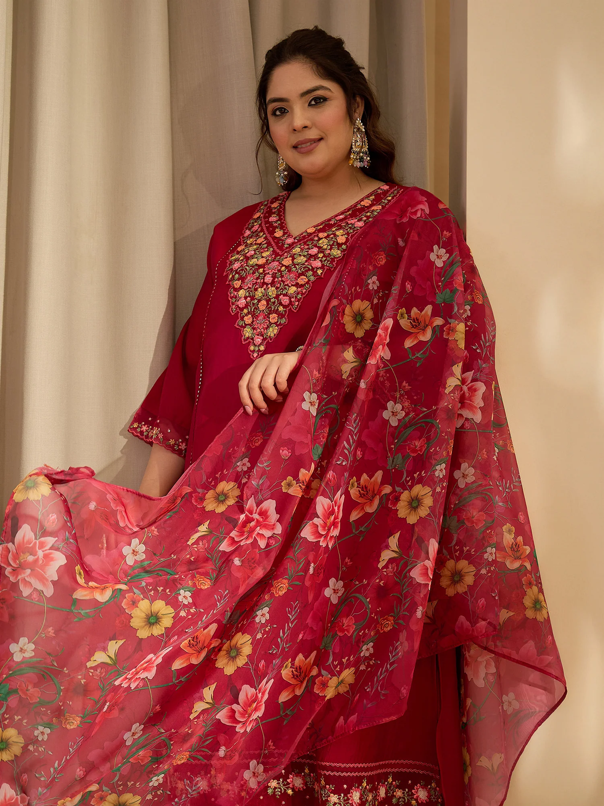 Beautiful red Anarkali Kurta Set USA with floral embroidery, paired with a chiffon dupatta for festive occasions