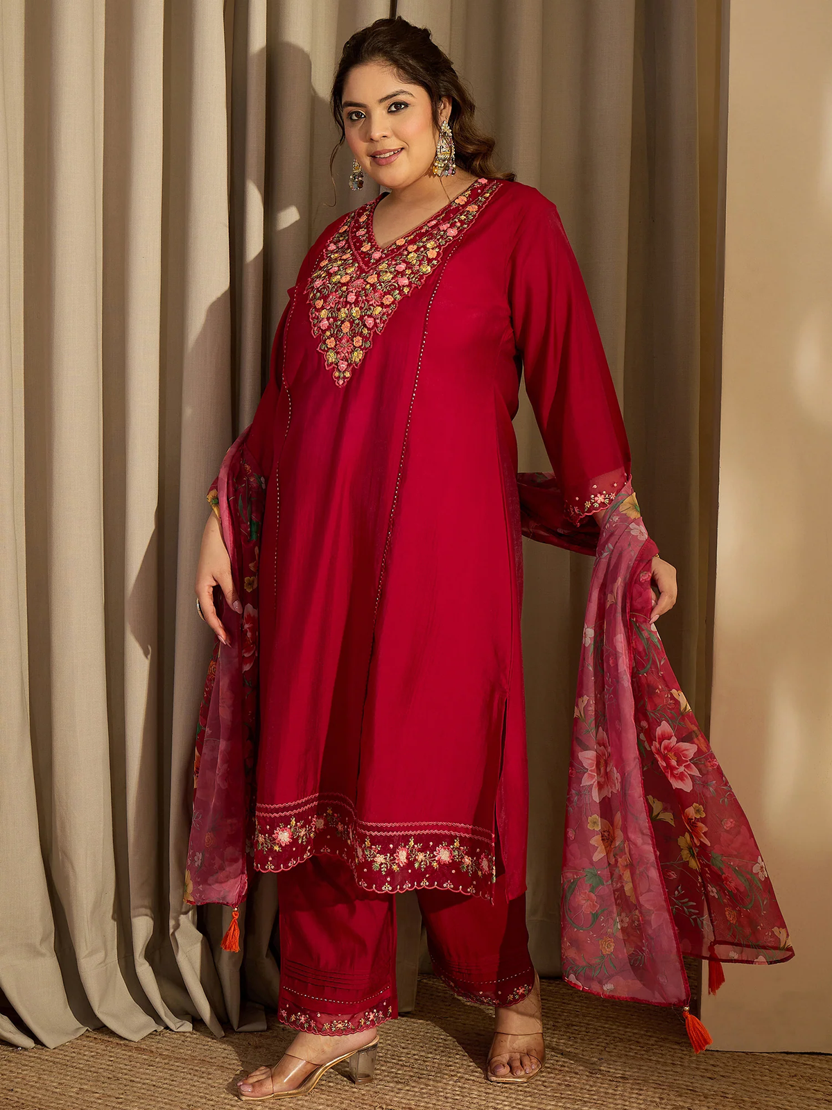 Three piece Anarkali Kurta Set USA in deep red with floral embroidery, ideal for festive occasions and celebrations