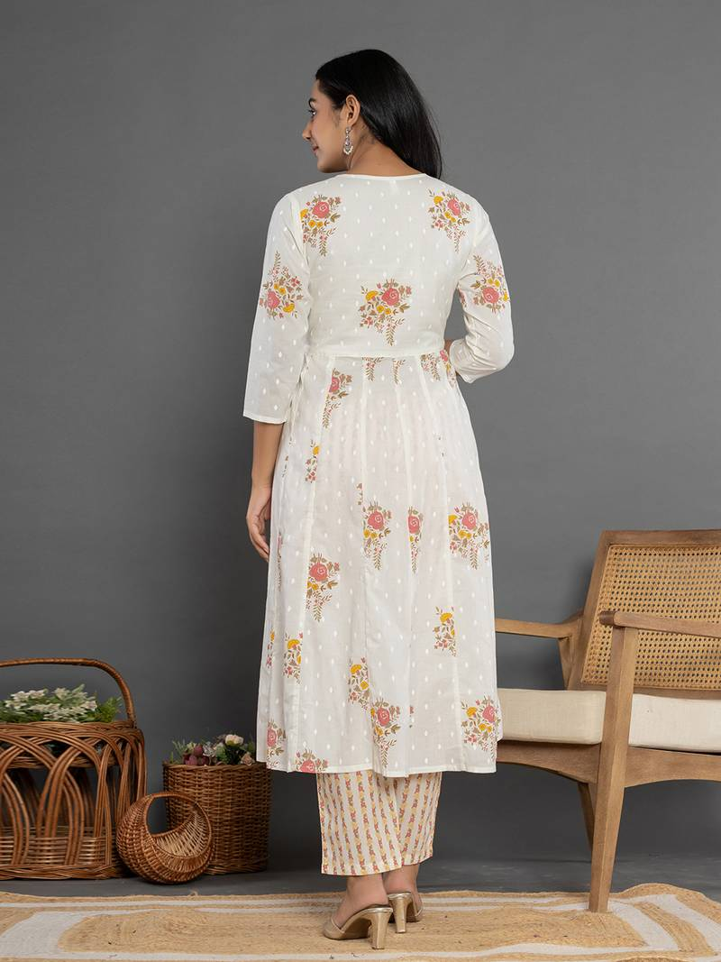 Aromie three piece Anarkali suit online USA in white with floral print, designed for festive wear