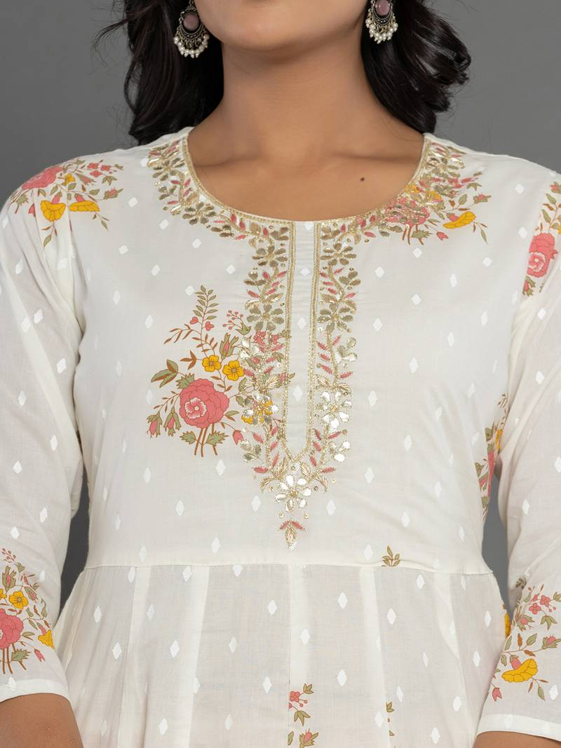 White Three Piece Kurtha with Floral Embroidery, Ideal for Weddings, Anarkali Suit Online USA